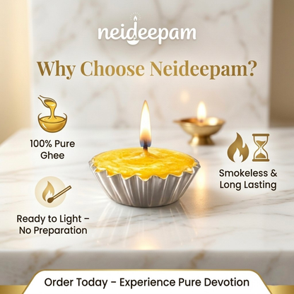 neideepam® Ready-Made Pure Ghee Diya | Approx. 90-Minute Burn Time | Indoor Use | Aluminium Cup | NABL Tested