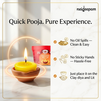 neideepam® Ready-Made Pure Cow Ghee Diya | Approx. 20-Minute Burn Time | Ready-to-Light | NABL Tested & Certified