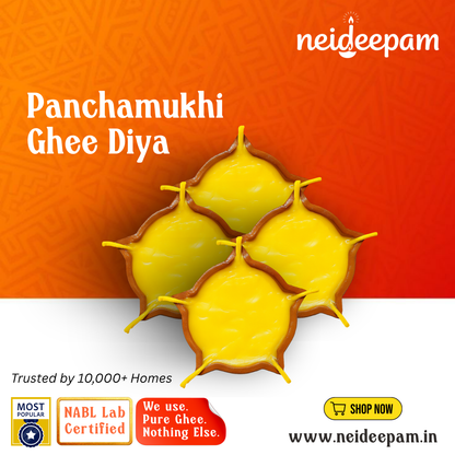 neideepam® Panchamukhi Ghee Diya | Burn Time - 1.5 Hrs Burn Time Per Diya | Ready-to-Use | NABL Tested & Certified