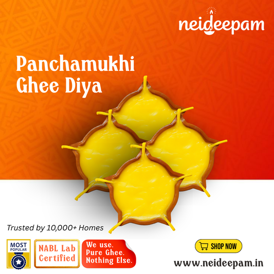 neideepam® Panchamukhi Ghee Diya | Burn Time - 1.5 Hrs Burn Time Per Diya | Ready-to-Use | NABL Tested & Certified