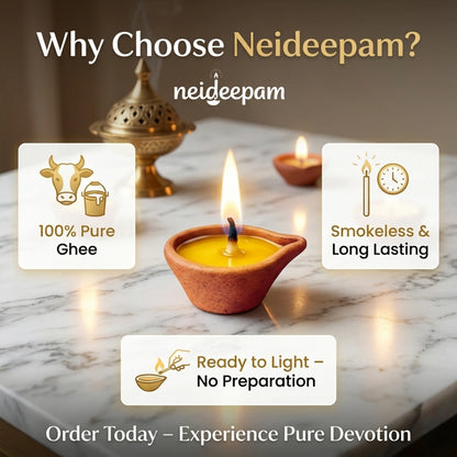 neideepam® Ananta Cow Ghee Deepam | Clay Ghee Diya | Approx. 60-Minute Burn Time | Ready-to-Use | NABL Tested & Certified